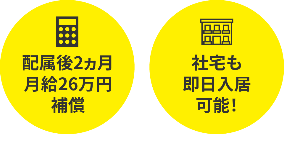 配属後2ヵ月月給26万円補償 社宅も即日入居可能